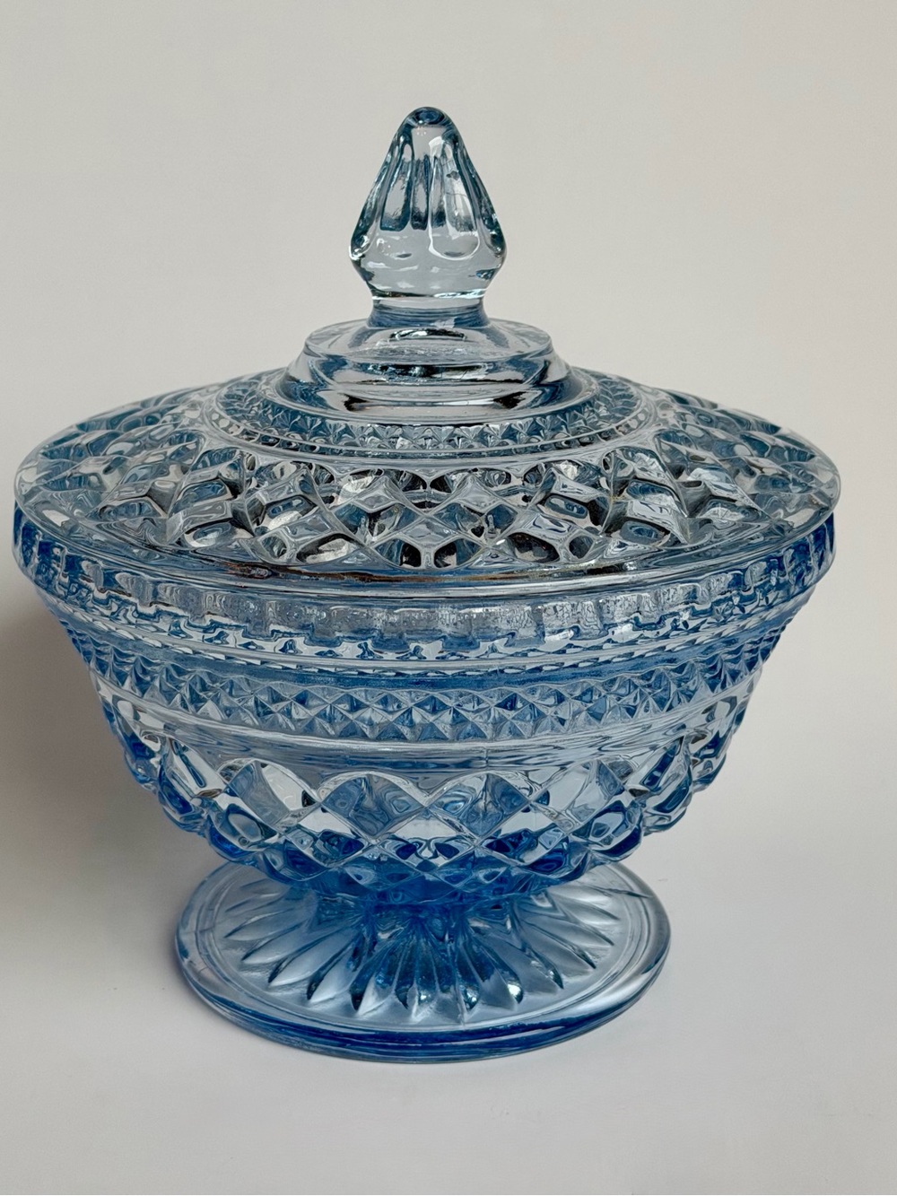 Vintage Blue Pressed Glass Candy Dish With Lid Pedestal Compote Trinket Bowl